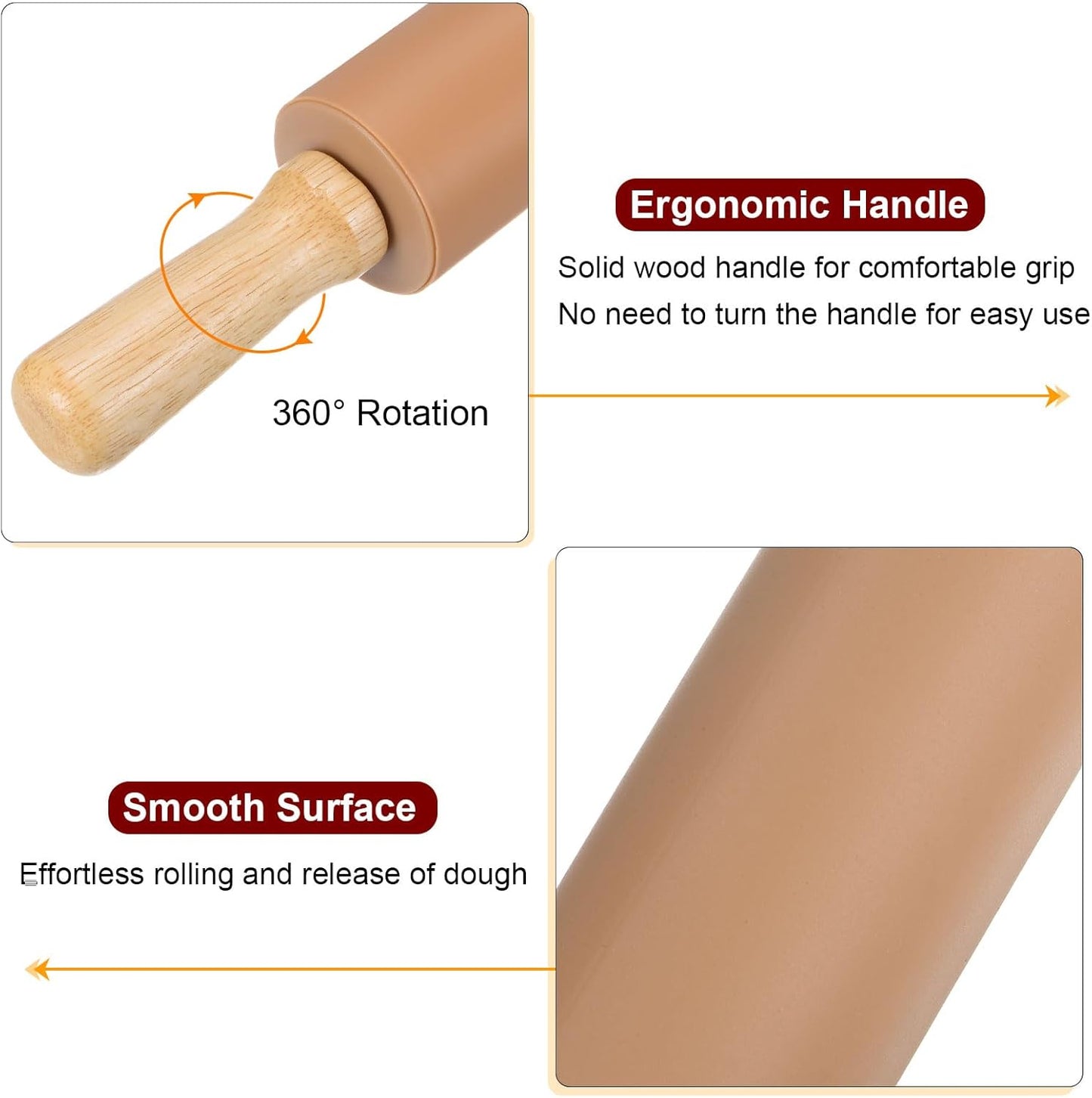 HARFINGTON Silicone Rolling Pins for Baking 16.93 Inch Non-Stick Silicone Surface Wooden Handle Rolling Pin Small Roller Playdough Rolling Pins for Fondant Kitchen Dough Pizza, Brown