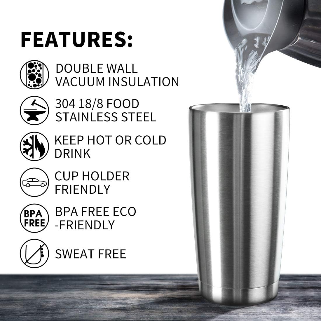 20oz Tumbler Bulk Stainless Steel Vacuum Insulated Tumblers with Lid Double Wall Travel Mug, Powder Coated Coffee Cup, Suitable for Ice Drinks and Hot Beverage(Stainless steel 6pack)