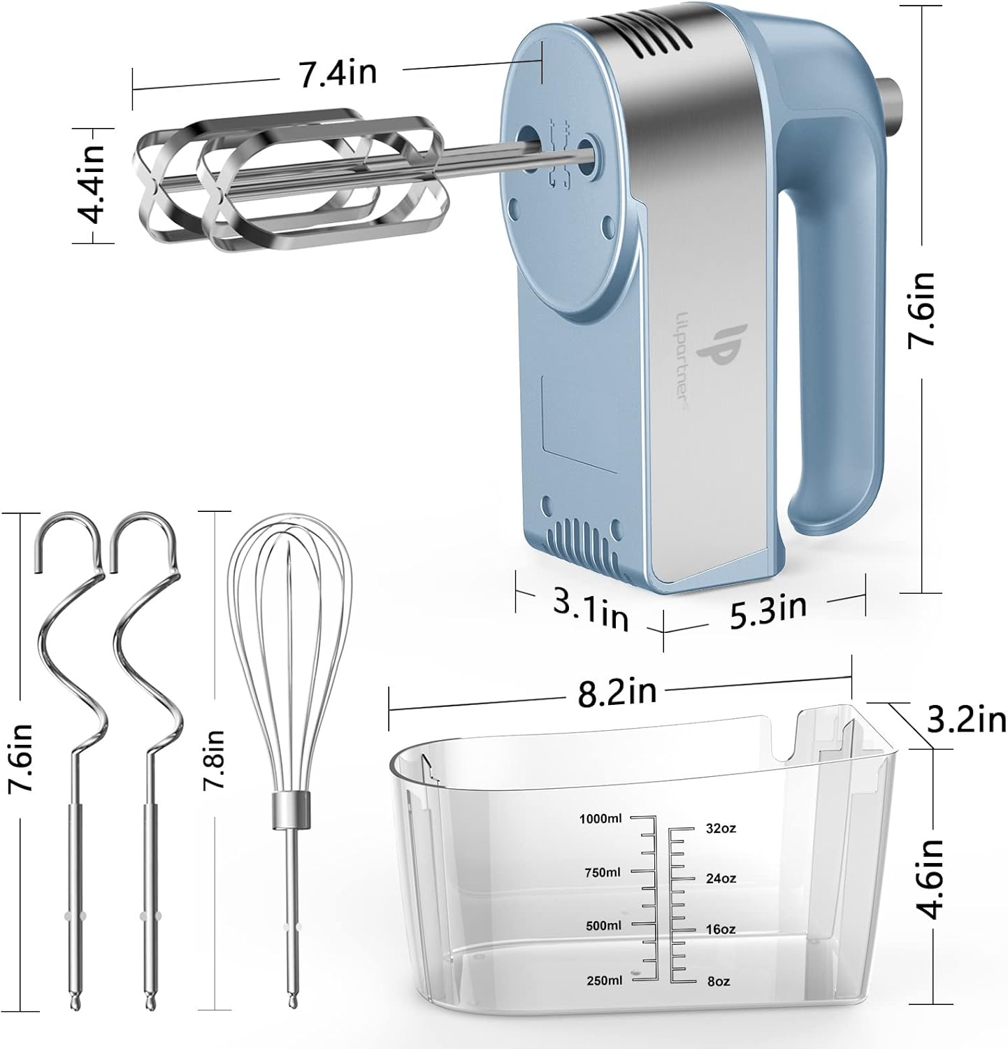 Hand Mixer Electric, 450W Kitchen Mixers with Scale Cup Storage Case, Turbo Boost/Self-Control Speed + 5 Speed + Eject Button + 5 Stainless Steel Accessories, For Easy Whipping Dough,Cream,Cake