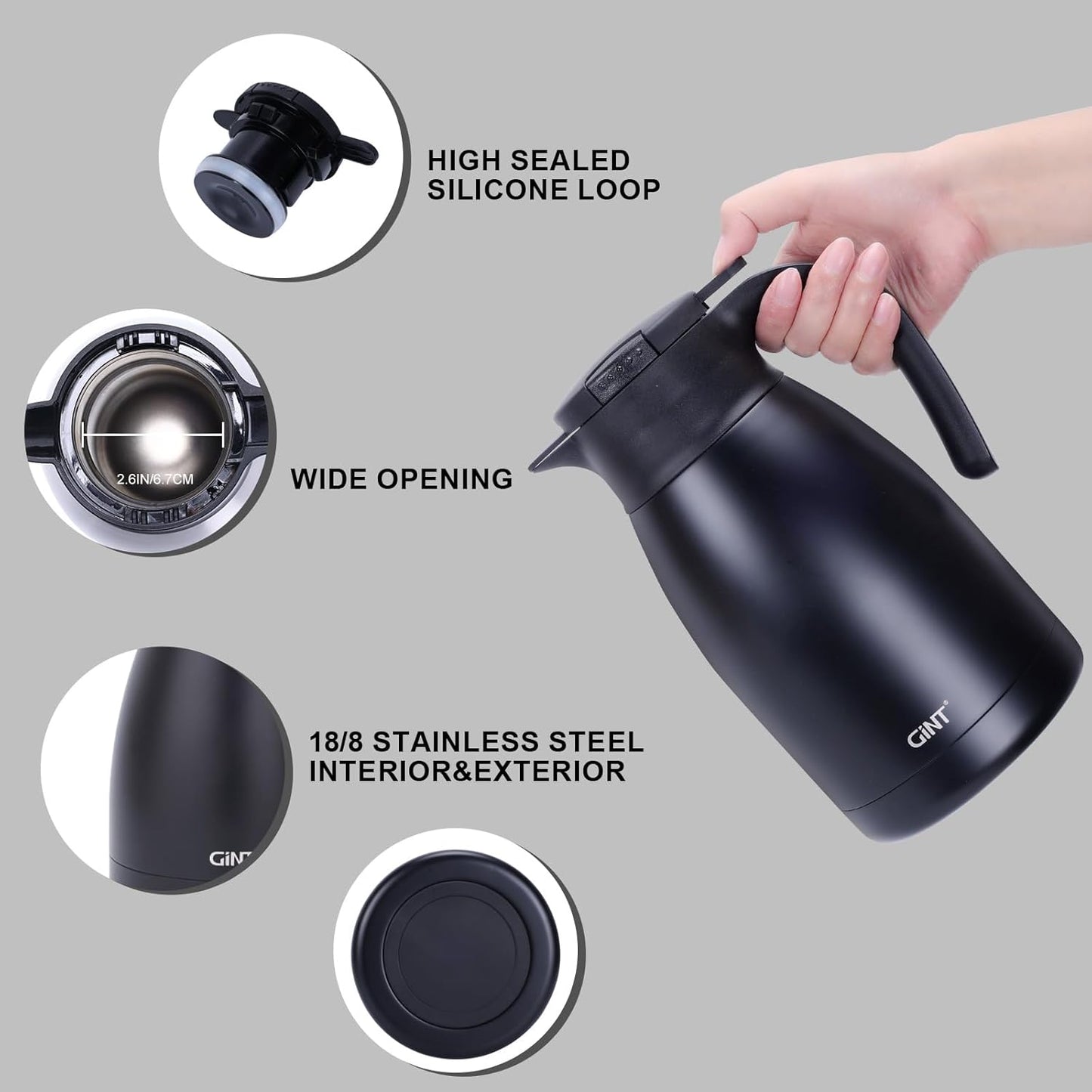 GiNT 51Oz Stainless Steel Thermal Coffee Carafe with Lid/Double Walled Vacuum Thermal Carafe / 12 Hour Heat Retention (Black, 1.5L)