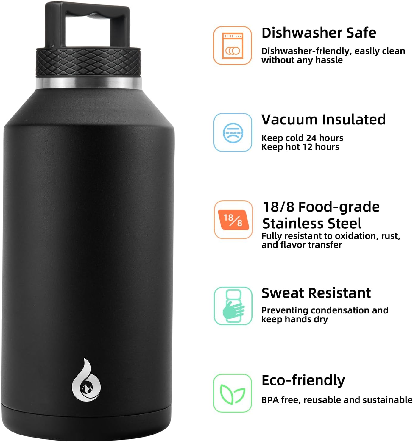 BJPKPK Half Gallon Water Bottle Insulated, Dishwasher Safe 64 oz Water Bottle with Handle, Leakproof BPA Free Water Jug, Large Stainless Steel Thermos for Sports, Black