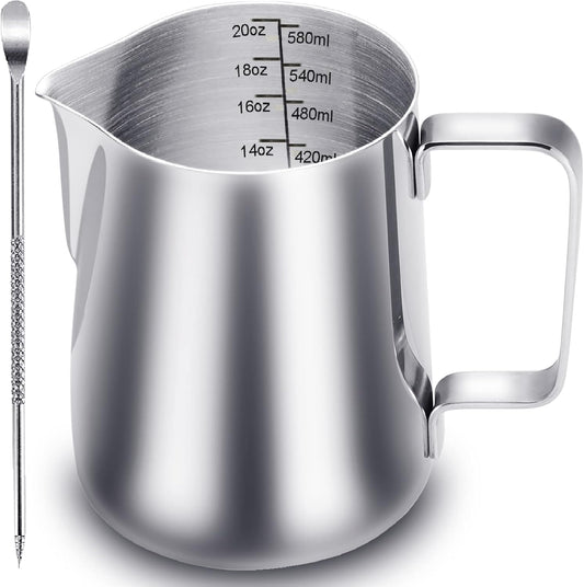 CAMKYDE Milk Frothing Pitcher 20 oz, Stainless Steel Espresso Steaming Pitcher with Decorating Pen for Coffee, Espresso Machines, Cappuccino, Latte Art A Silver