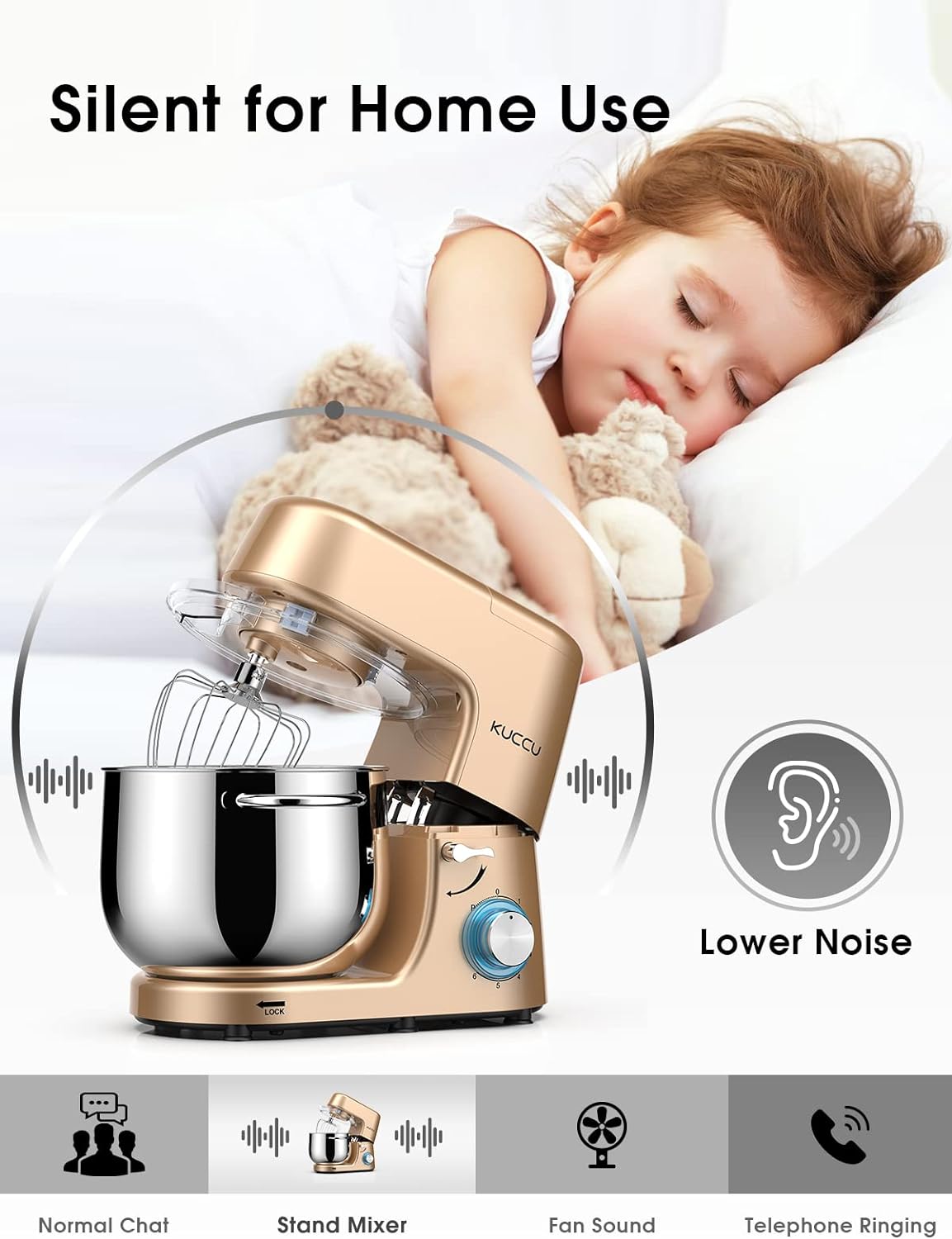 9.5 QT Double Handle KUCCU Stand Mixer, 6 Speed with Pulse Electric Kitchen Mixer, 660W Tilt-Head Food Mixer with Dishwasher-Safe Dough Hook, Flat Beater, Whisk, Splash Guard for home baking (Gold)