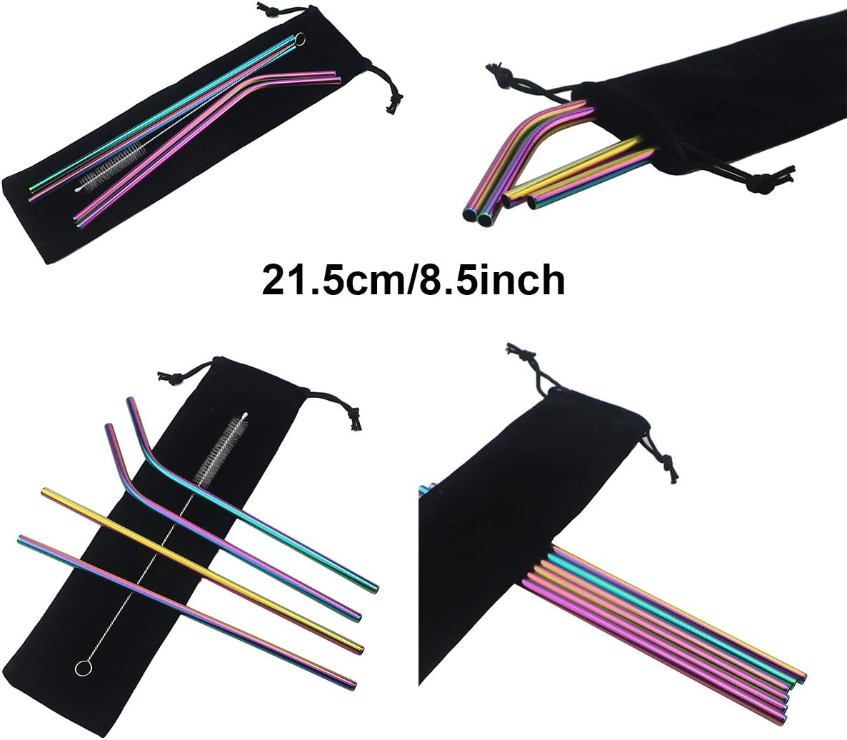 Gugrida Metal Straws Stainless Steel Straws 8.5" Drinking Straws Reusable 4 Set - Ultra Long Muti Color-Cleaning Brush for 20/30 Oz for Trail Tumblers Yeti RTIC SIC Ozark (2 Straight|2 Bent|1 Brush）