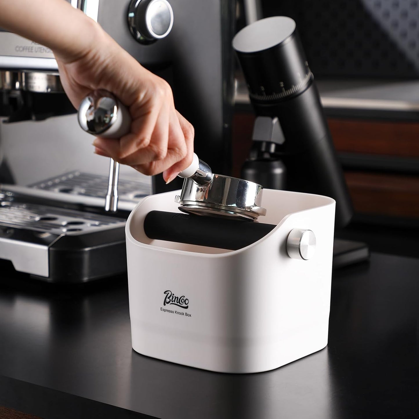 Espresso Knock Box - Bincoo Blue Espresso Machine Knock Box/Espresso Grounds Knock Box, Barista Style Coffee Knock Box for Grounds with Removable Shock-Absorbent Knock Bar and Anti-Slip Base. (Blue)