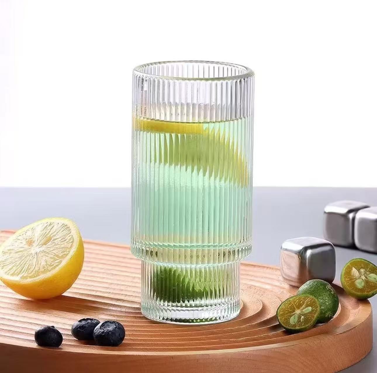 16OZ Ribbed Glass Cups with Lids and Straws,Iced Coffee Cups with Bamboo Lid,Vintage Glassware for Whiskey Cocktail Beer Fruit Juice Glasses Tumbler(4 Pack)