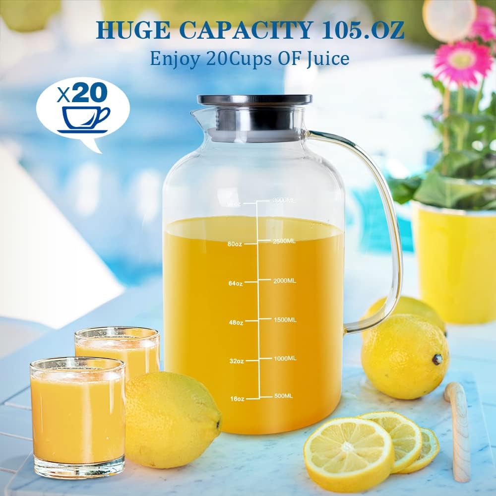 Glass Pitcher with Lid, GOTEBLE 102oz Glass Pitcher with Silicone Case and Brush, Large Capacity Glass Water Tea Pitcher for Juice, Milk, Cold Or Hot Beverages, Large Family and Party