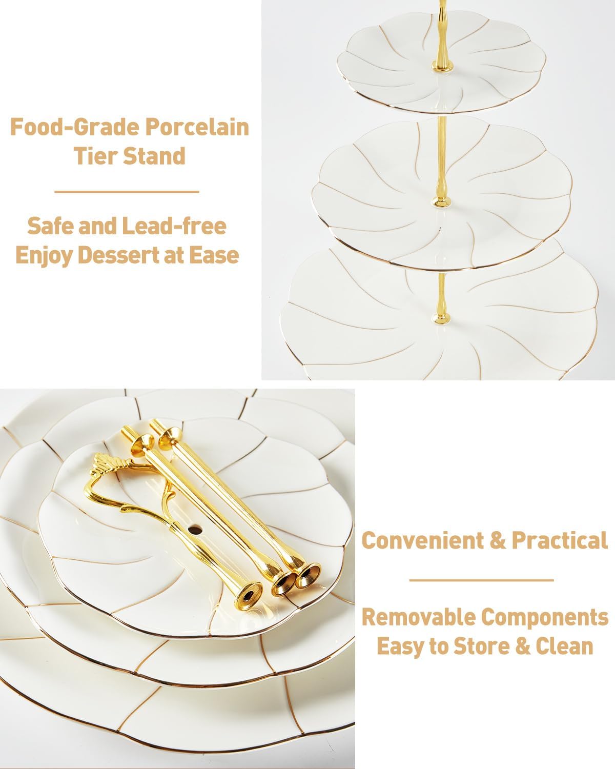 DUJUST Luxury Porcelain 3-Tier Cupcake Stand Tower, British Style Serving Tray with Golden Trim, Food Grade Dessert Display Stand, Beautiful Gift for Tea Party & Home Décor