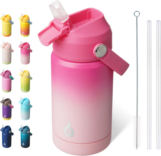 BJPKPK Insulated Water Bottle with Straw Lid, 12oz Thermos Water Bottles with Soft Nozzle, Flex Handle & Non-slip Boot, BPA Free Leak Proof Stainless Steel Metal Thermos, Tumblers, Cups,Cherry