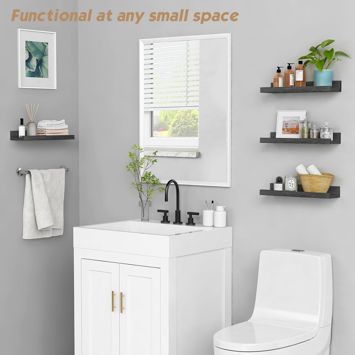 Forbena Black Picture Ledge Shelf, Floating Shelves with Lip for Wall, Small Wall Shelves for Bathroom Bedroom Kitchen Office Living Room Books, Art Pictures, Photo Frame, Plants (4-Pack, Real Wood)