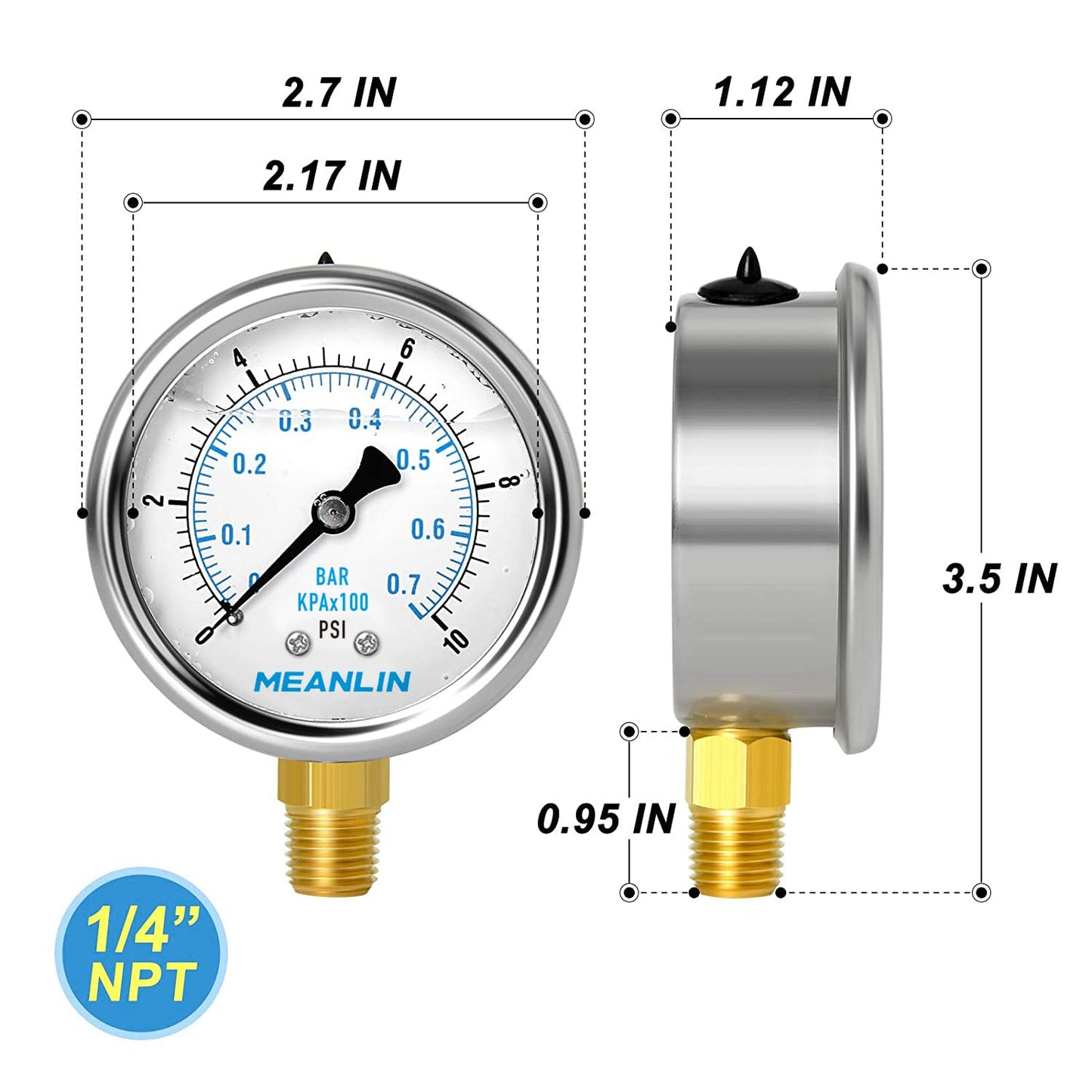 MEANLIN MEASURE 0~10Psi Stainless Steel 1/4" NPT 2.5" FACE DIAL Liquid Filled Pressure Gauge WOG Water Oil Air Lower Mount, with 1/2" NPT and 3/8" NPT Hex Bushing