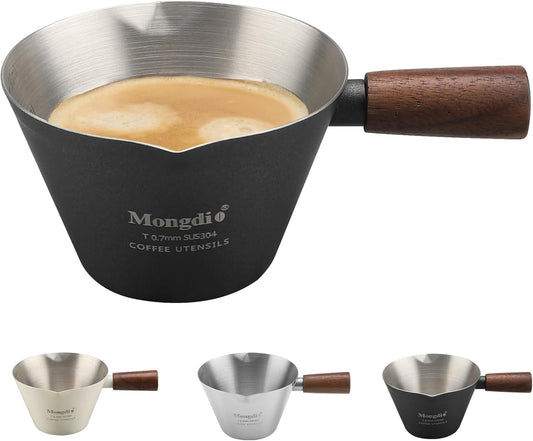 Mongdio Espresso Measuring Cup, Stainless Steel Espresso Shot Cups with Wooden Handle and Double Spouts, 3.4OZ/100ML, Black