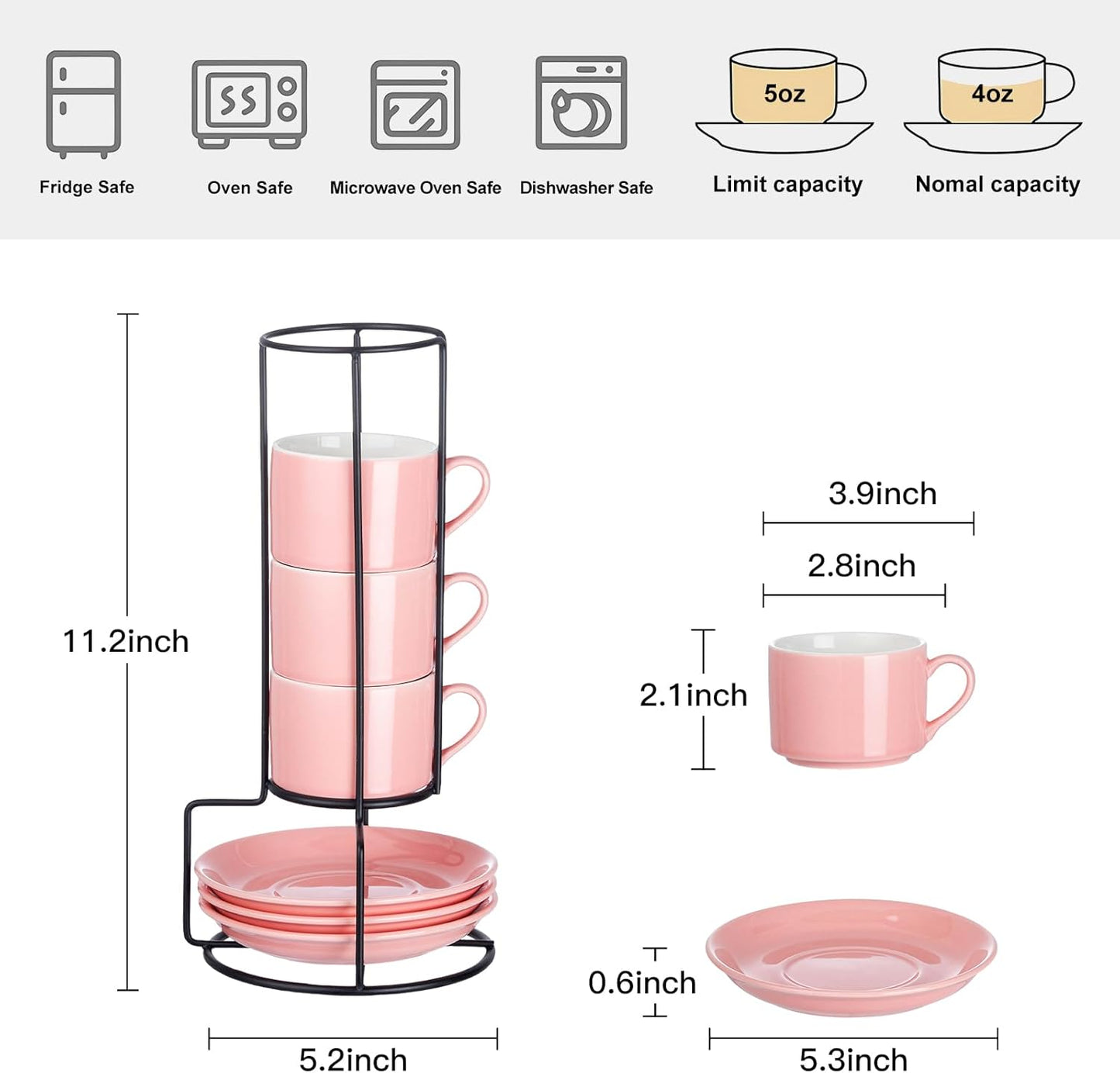 4oz Porcelain Stackable Espresso Cups with Saucers and Metal Stand Set of 4, Stackable Cappuccino Cups, Pink Expresso Shots Cup Set for Coffee Drinks, Latte, Americano, Tea