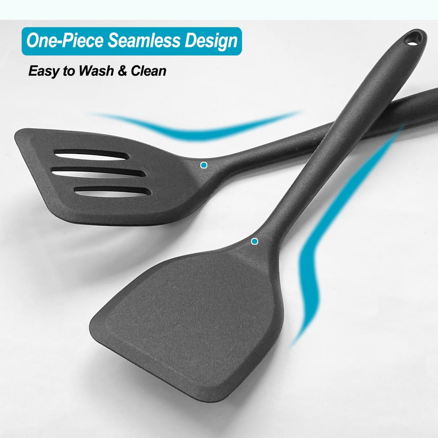 Silicone Spatula Turner Set, High Heat Resistant Spatulas with Seamless One Piece Design, Nonstick Rubber Flippers Utensils for Baking & Cooking,BPA-Free, Black,11 IN