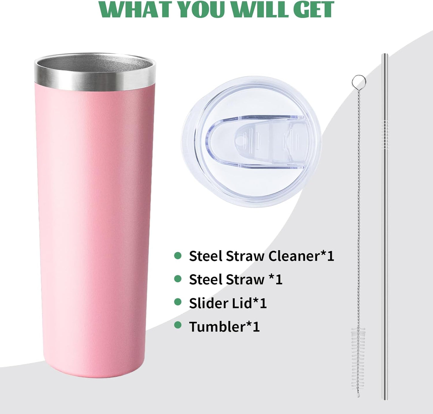 20 oz Skinny Tumbler with Lid and Straw,Stainless Steel Vacuum Insulated Tumbler Cup Double Wall Leak-proof Coffee Mug,Travel Thermal Water Tumbler for Home,Office,Outdoor (Pink,1)