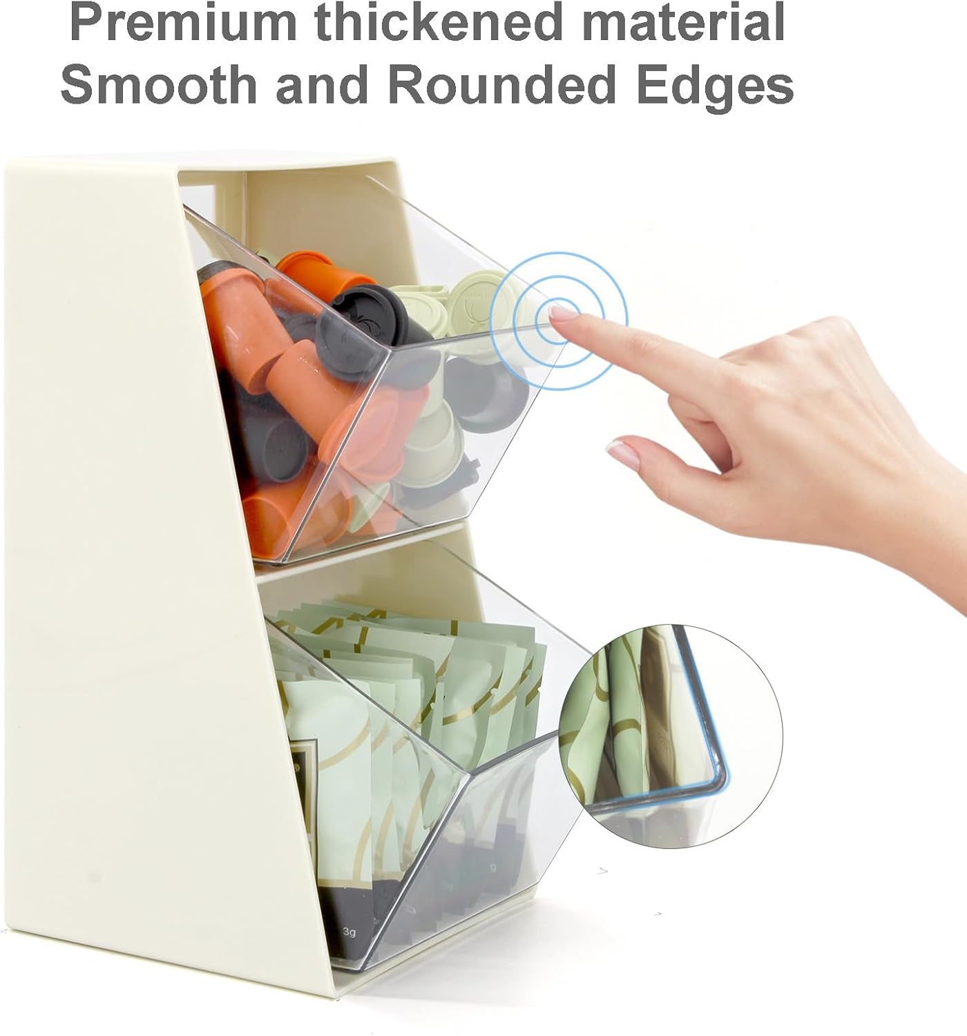 Bokelai Coffee Pod Holder with 2 Large Capacity Basket K Cup Storage Container Coffee Bar Accessories for Creamer Suger Plastic Desk Organizer Box Tea Bag Organizer Creamy White/Clear