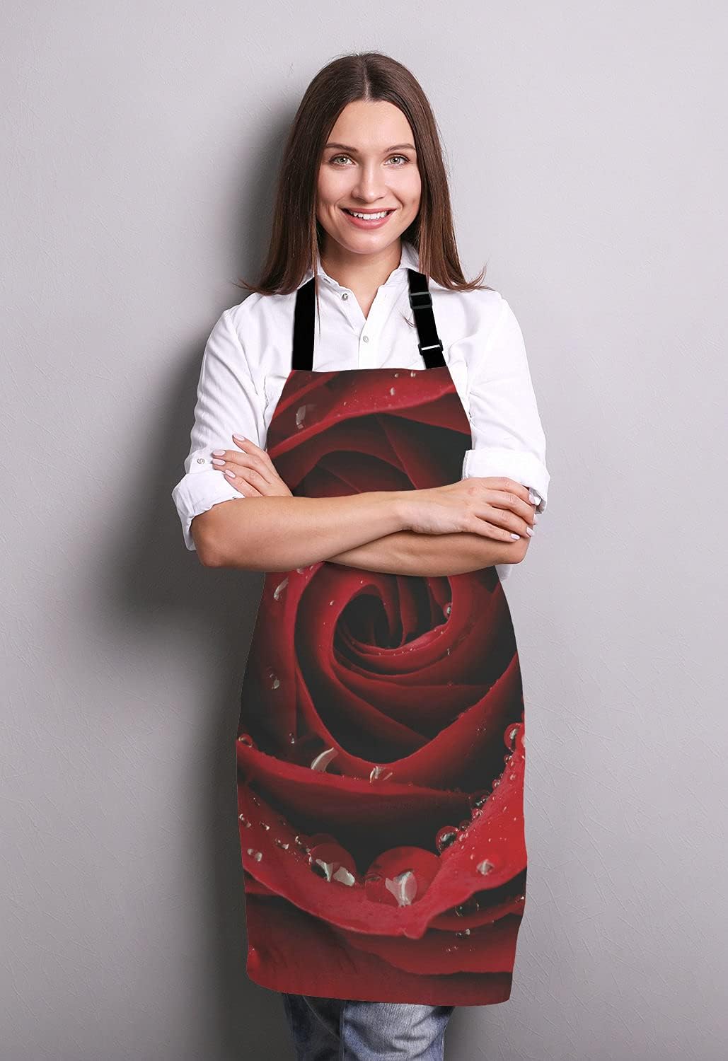 Dark Red Rose with Water Droplets Apron Home Kitchen Waterproof Cooking Baking Gardening for Women Men