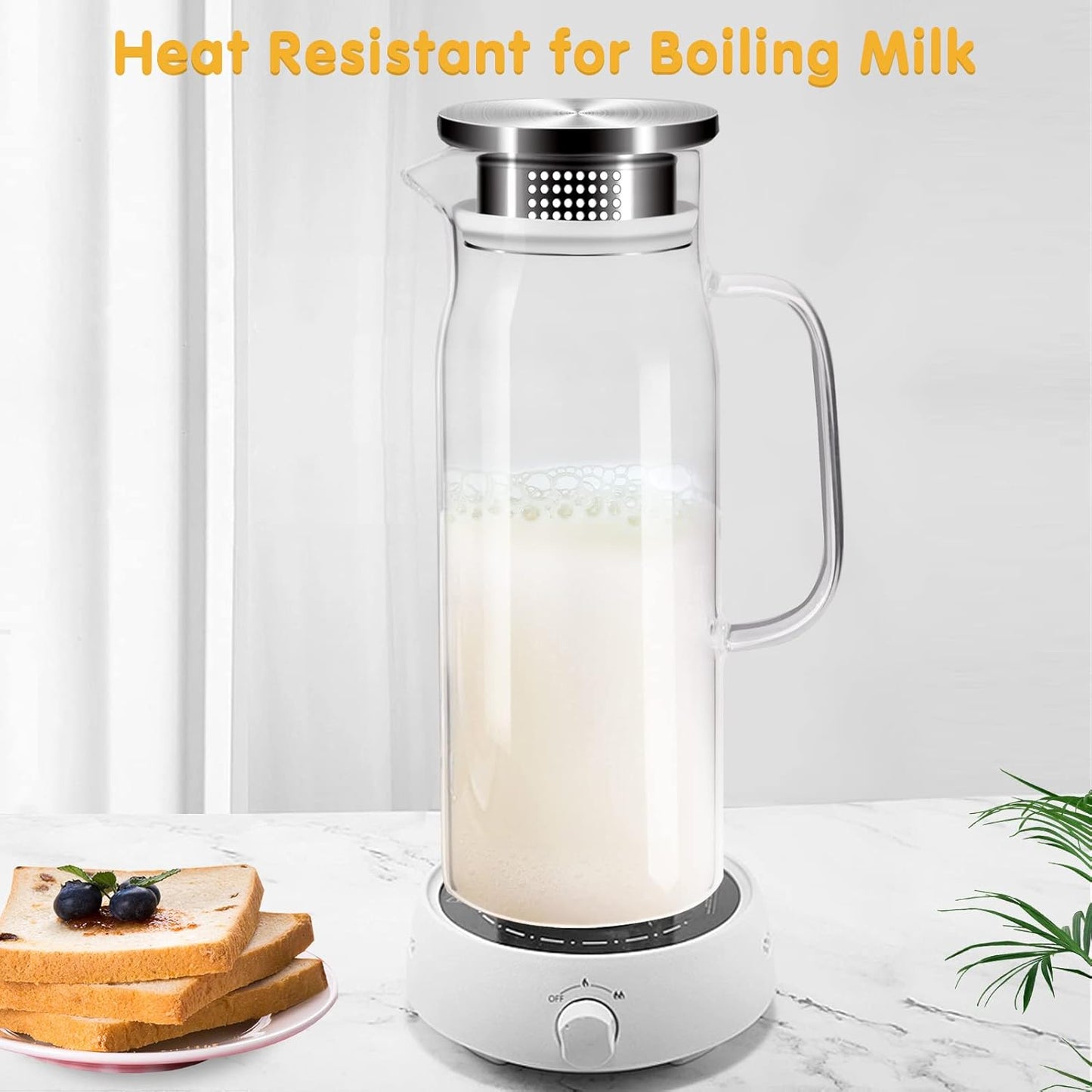 Glass Pitcher, 34 oz / 1 Liter Glass Pitcher with Lid, Glass Water Pitcher, Glass Carafe with Lid