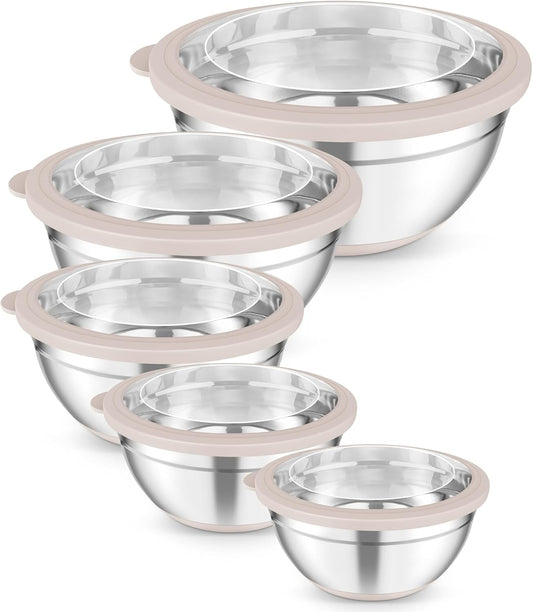 TeamFar Mixing Bowls, 5PCS Stainless Steel Serving Salad Bowls with Lids, For Kitchen Mixing/Baking/Storing/Prepping, Visible & Airtight, Non-Slip Bottom - 4.6/3.5/1.5/1 / 0.7 QT, Khaki