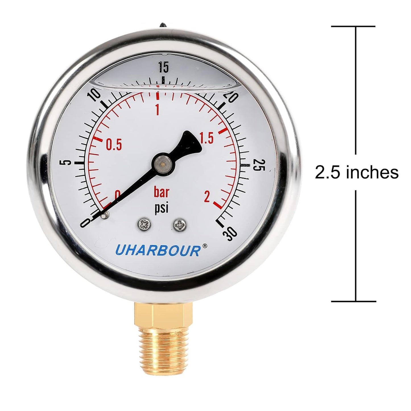 Glycerin Filled Low Pressure Gauge 30psi/2bar, Stainless Steel case, Brass Inside Construction, 2-1/2" dial, 1/4" NPT Rear Connection.