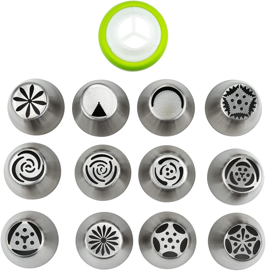 Restaurantware Pastry Tek Russian Piping Tips Set 23 Piece Durable Cake Decorating Kit - 12 Piping Tips 10 Piping Bags Stainless Steel Piping Bags And Tips Set 1 Tri-Color Coupler