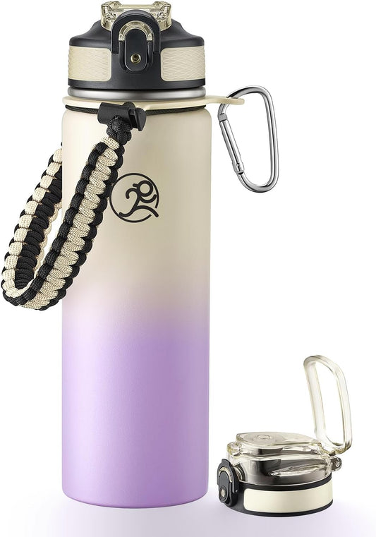 GOSWAG Insulated Sports Water Bottle, 24oz 2 Lids(with Straw/No Straw), Stainless Steel Water Bottles with Paracord Handle, Insulated Bottle with Double-Wall Vacuum Insulation