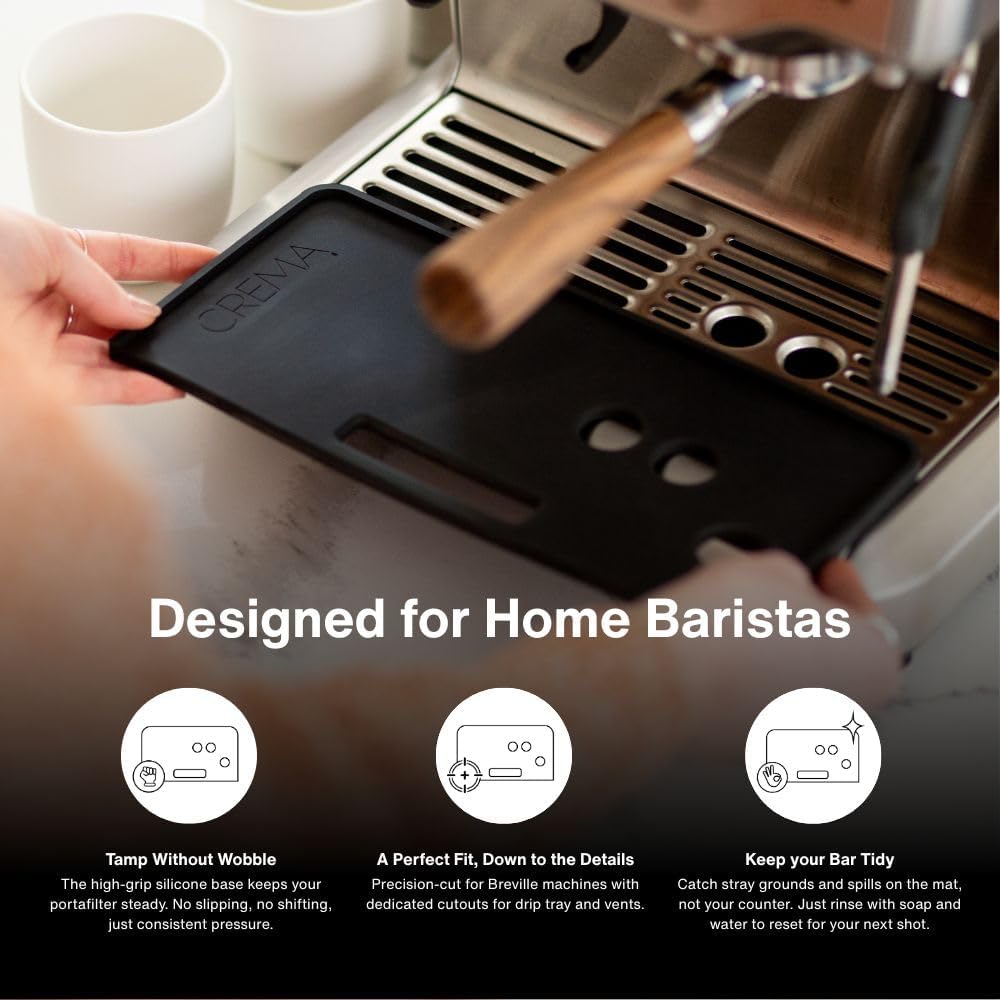 Crema Coffee Products Tamping Mat for Bambino Plus | Non-Slip Silicone Protection for Countertops & Portafilters | Precision Fit with Drip Tray & Vent Holes|Easy to Clean, Durable Espresso Tamping Pad