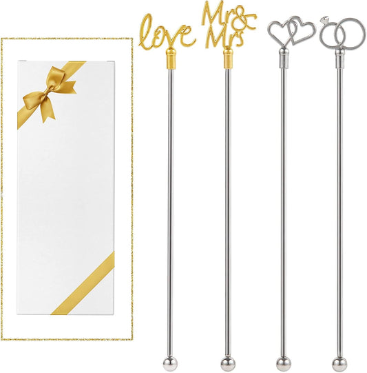 4Pcs Cocktail Stirrers Swizzle Sticks Stainless Steel 7.3" Coffee Stir Sticks with Gold Mr & Mrs,LOVE Shape, for Mixing Cocktail Metal Stir Sticks for Coffee Bar