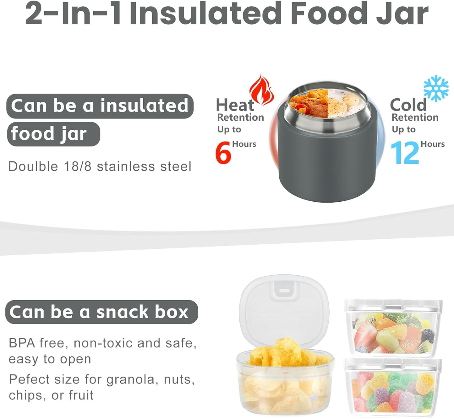 2-in-1 Insulated Food Jar & Snack Container - 15oz Kids Soup Thermos for Hot Food with Handle and Spoon, Leak Proof Reusable Toddler Snack Box, Perfect for School & Travel, Grey