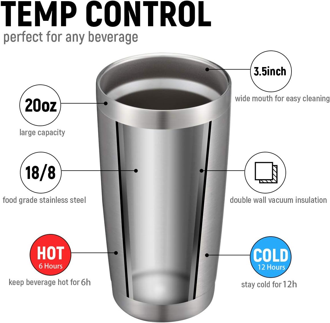 COMOOO 20oz Stainless Steel Tumbler Bulk Double Wall Vacuum Coffee Cup Insulated Travel Mug with Lid and Straw Durable Powder Coated Insulated Coffee Cup for Cold & Hot Drinks (silver, 8 pack