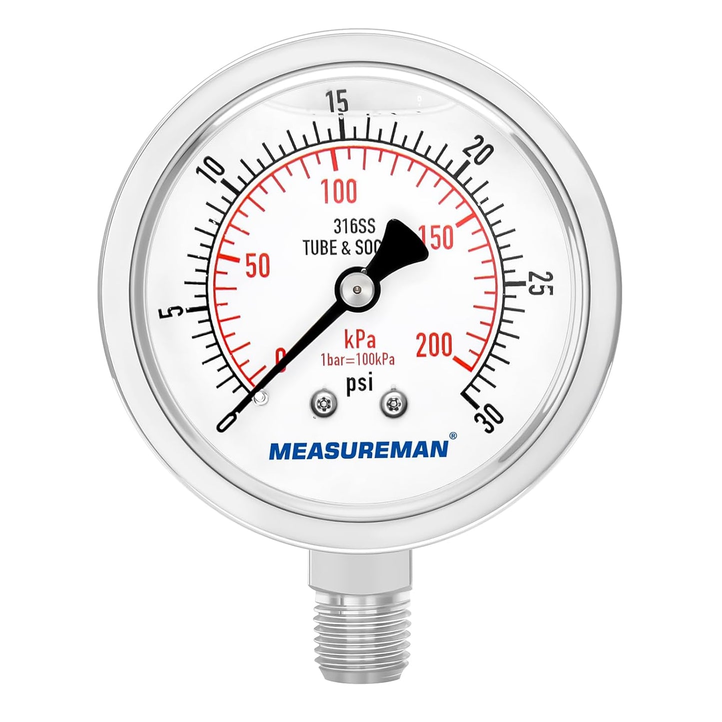 MEASUREMAN Fully Stainless Steel Hydraulic Glycerin Filled Pressure Gauge, 2-1/2" Dial Size,0-30psi/kpa,1/4" NPT Lower Mount