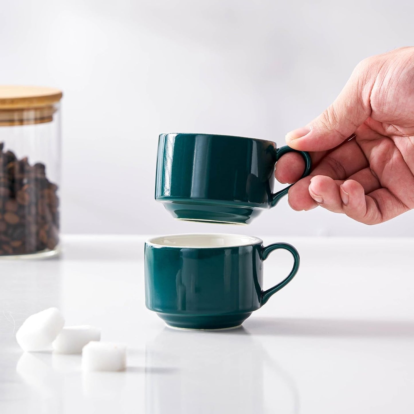 2.5 Ounce Porcelain Espresso Cups with Saucers and Silver Stand, Blackish Green Stackable Cups Set of 4