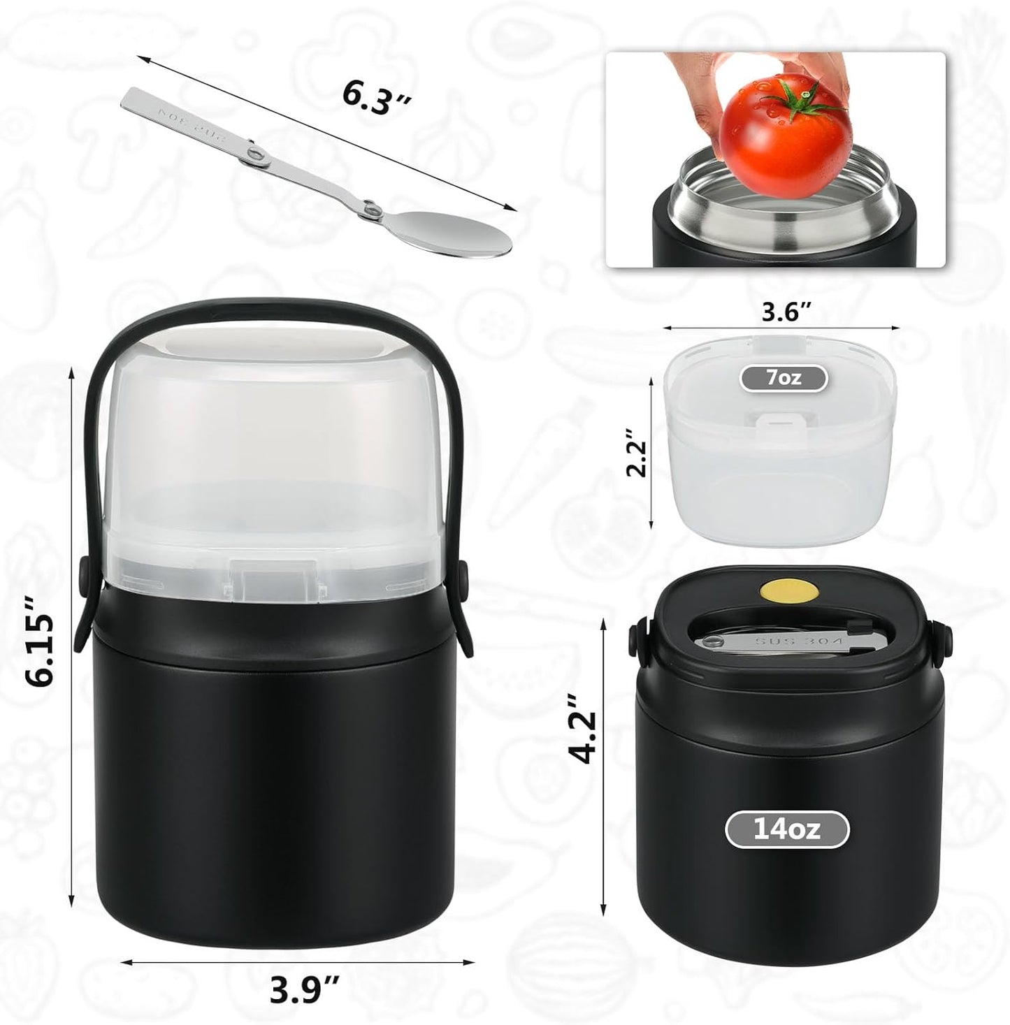 2 - in - 1 Soup Thermo for Hot Food 14oz with Snack Box Container Leak Proof Insulated Lunch Container Kids and Adults Stainless Steel Double Wall Vacuum Wide-mouth Thermal with Spoon and Handle