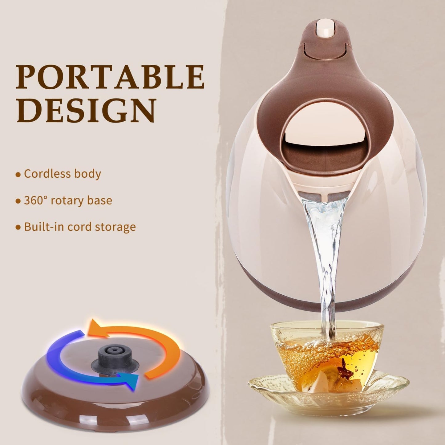 Aigostar Small Electric Kettle, 1L Portable Electric Tea Kettle 1100W with Automatic Shut-Off and Boil Dry Protection, Travel Hot Water Boiler Cordless for Making Coffee and Tea, BPA-Free, Brown