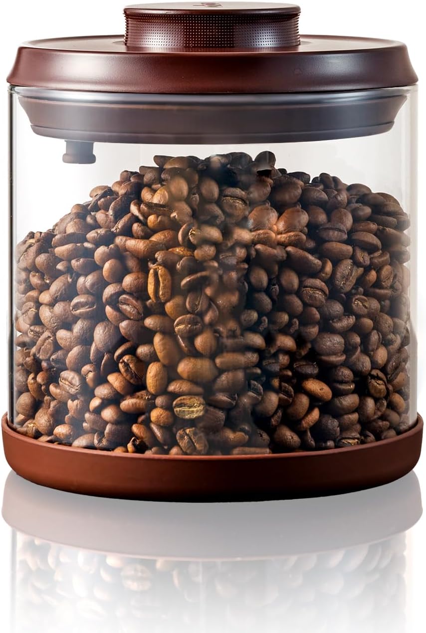 Airtight Coffee Canister, 14 Oz Borosilicate Glass Coffee Bean Storage Container with Pop Lid, CO2 Releasing Valve for Grounds Coffee, Beans, Sugar, 1200ml Brown