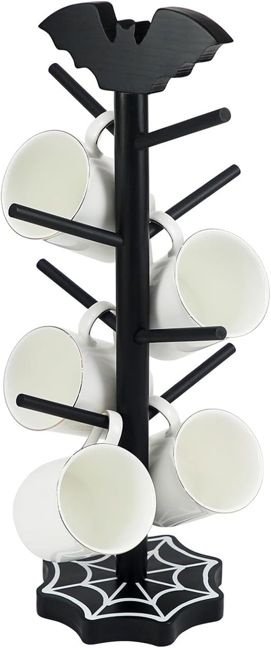 Bat Mug Holder Tree - 8 Hooks Coffee Mug Rack - Gothic Home Decor Wood Coffee Mug Tree for Countertop - Coffee Cup Holder for Halloween Kitchen Organizer & Coffee Bar Accessories (Spider Web)