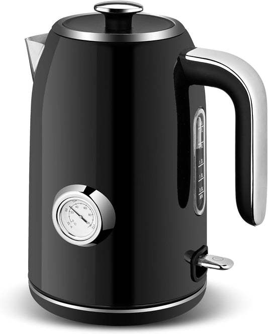 PUKOMC Electric Kettle, 1.7L Stainless Steel Tea Kettle with Temperature Gauge, 1500W Water Boiler with LED Light, BPA-Free, Auto Shut-Off and Boil-Dry Protection (Black)