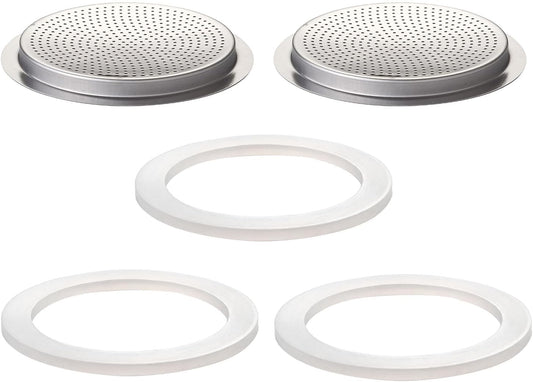 2Pcs Filter with 3Pcs Silicone Gasket Seals for 2 Cup Stovetop Espresso Coffee Maker Replacement Parts for Big Tummy and Straight Stainless Steel Moka Pot