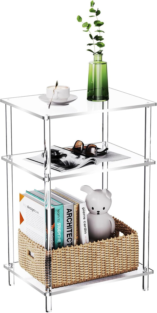Acrylic Side Table Clear 3-Tier End Table for Living Room, Office, Hallway, Bedroom Small Bedside Table (8mm Thick Shelves)