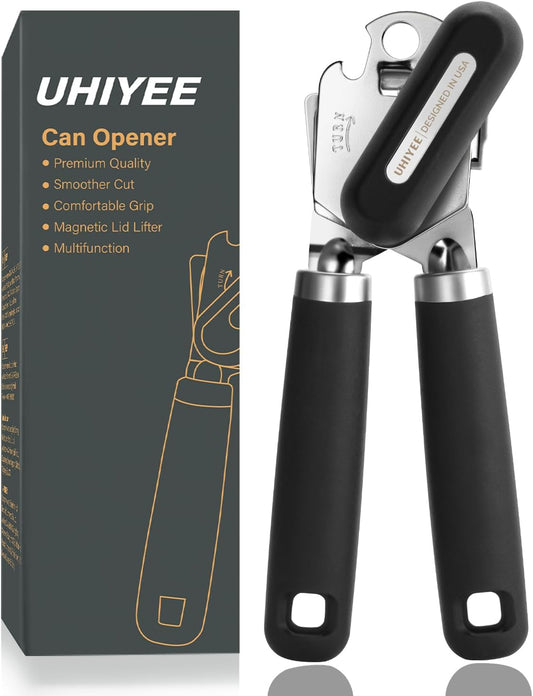 Can Opener Manual, UHIYEE Hand Held Manual Can Openers Heavy Duty with Smoother Cut Sharp Blade, Manual Hand Can Open with Soft Handle, Easy to Turn Knob, Magnetic Lid Lifter, Black