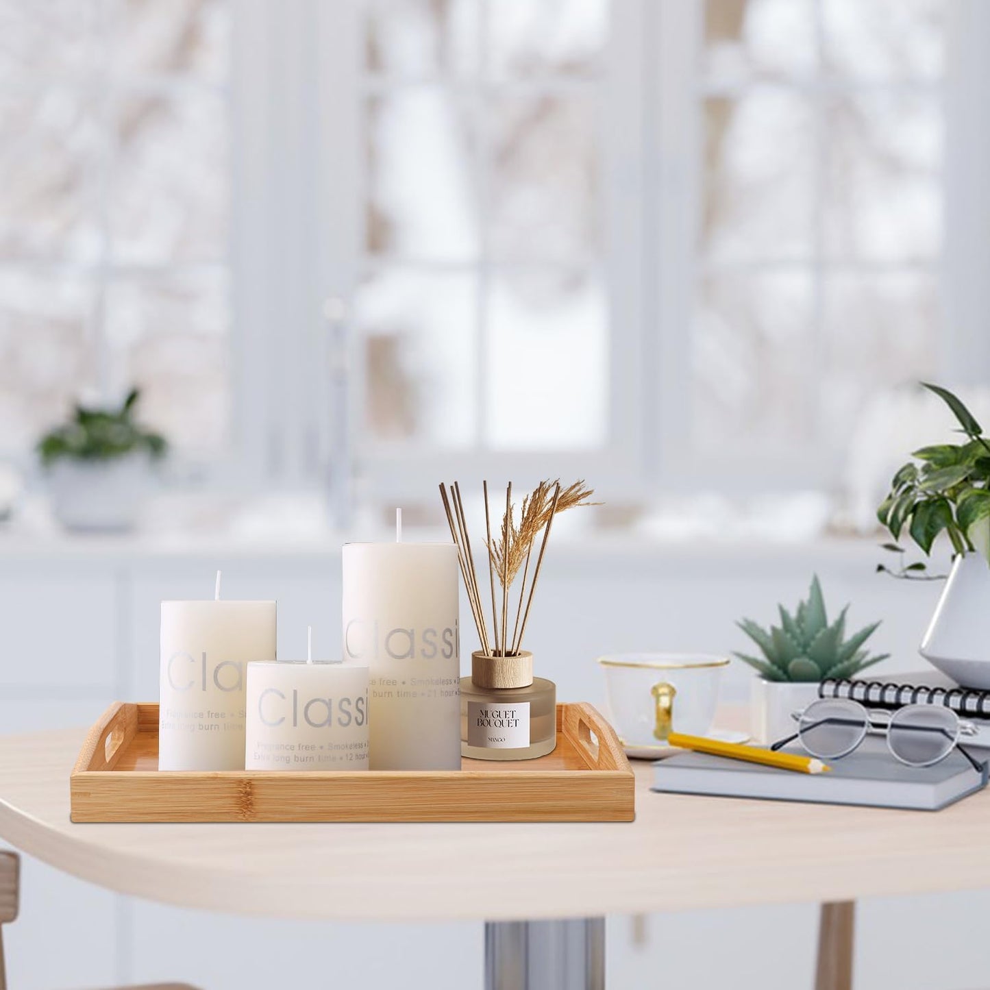 2 PCS Bamboo Serving Tray, 2 Size Nested Breakfast Bed Tray with Handle, Wood Serving Tray for Serving, Breakfast Bed Trays for Eating, Decor, Displaying Cake, Fruit