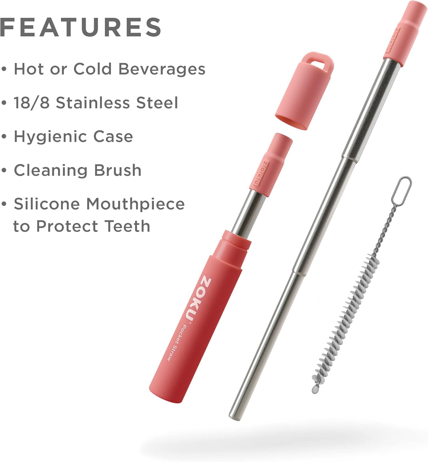 ZOKU Reusable Metal Straw with Case for Travel, Red - Collapsible Stainless Steel Drinking Straw with Silicone Tip and Cleaner Brush, Ideal for Key Chains, Pockets, Purses
