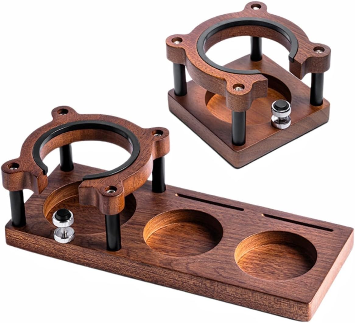 Adjustable Wooden Espresso Tamping Station, Coffee Tamper Base Portafilter Holder Compact Tamping Station Sapele Wood Coffee Portafilters Stand Base (A)