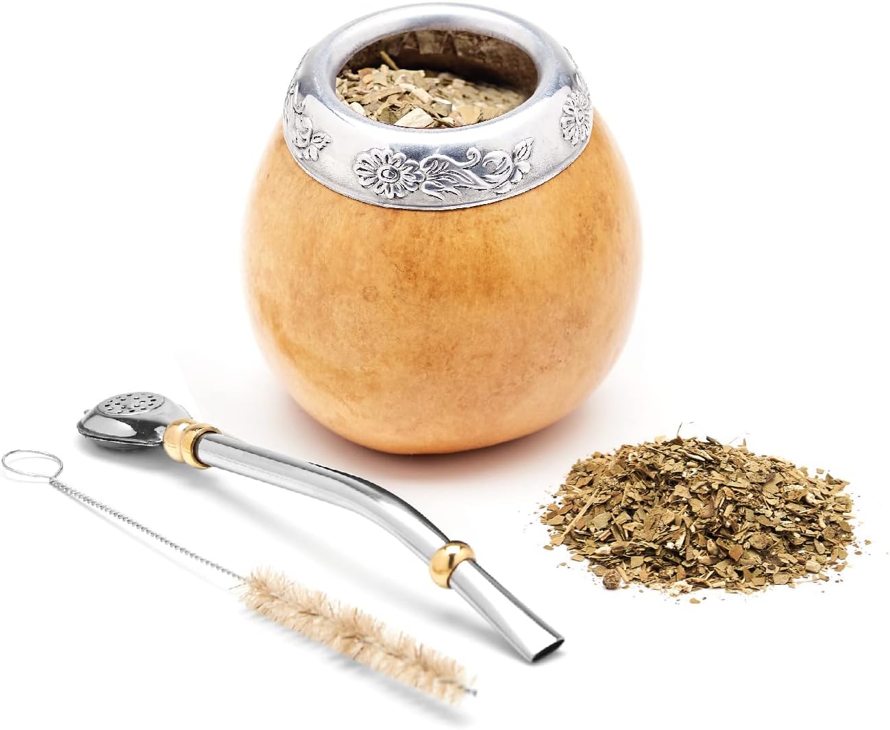 BALIBETOV Yerba Mate Gourd Set (Original Natural Handmade Yerba Mate Cup Argentina) - Includes Mate Tea Cup, Bombilla (Mate Straw) and Clean Brush - Classic Mate Cup and Bombilla Set (Suela)