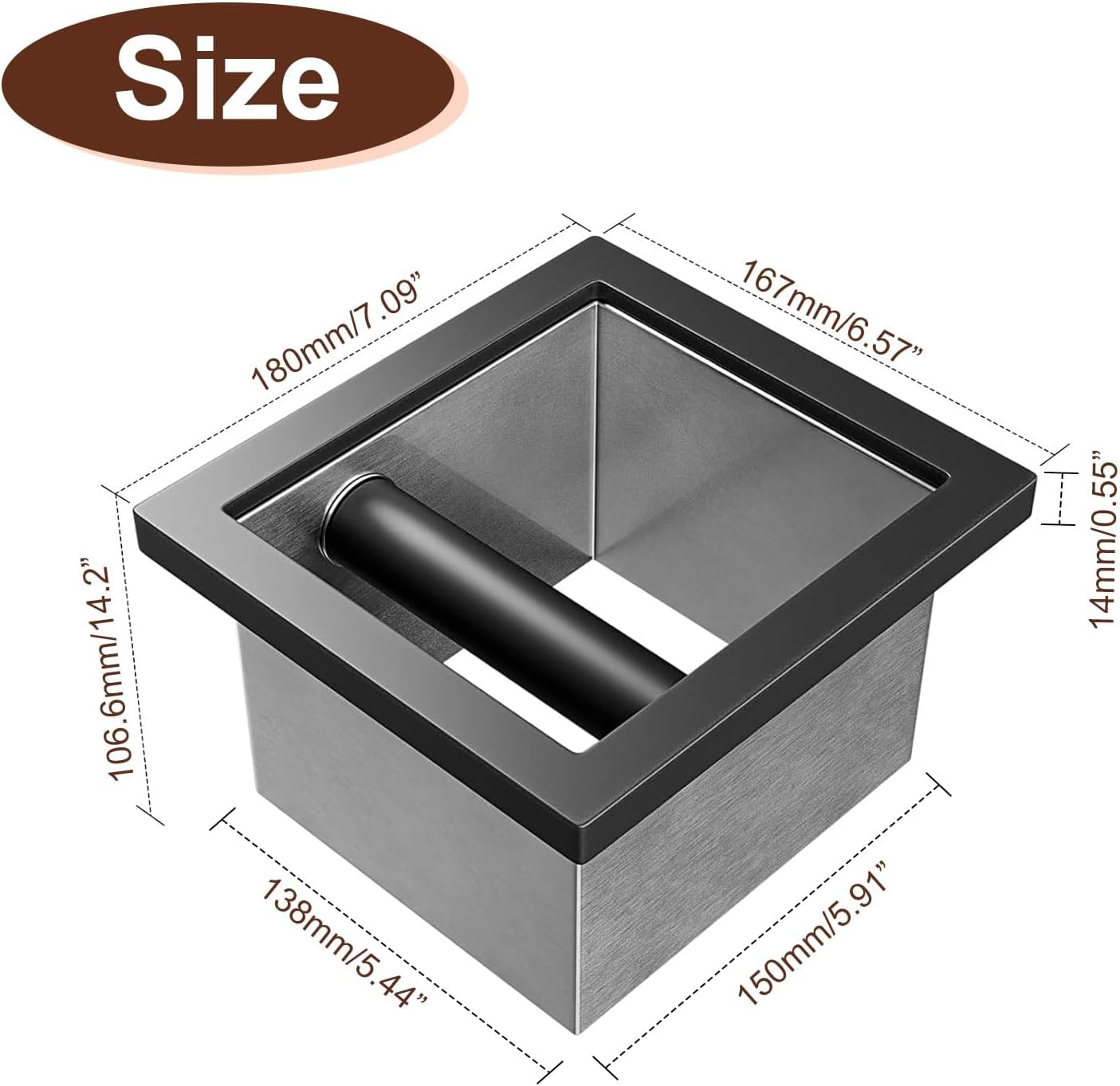 Bottomless Knock Box Espresso, Embedded Coffee Knock Box, Stainless Steel Countertop Espresso Grounds Container for Commercial Cafes Restaurants Home (5.44 x 5.91”)