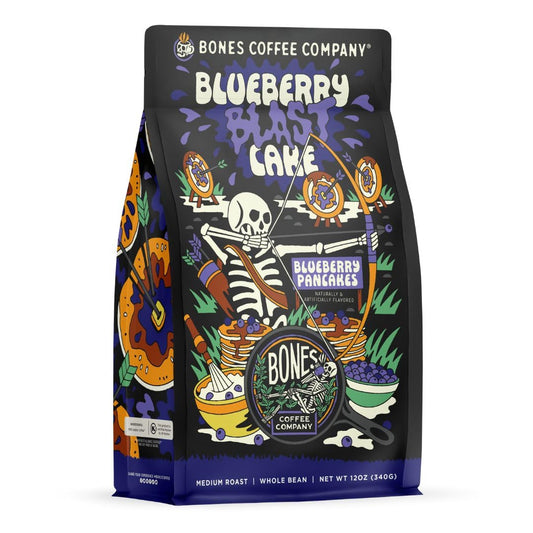 Bones Coffee Company Blueberry Blast Cake, Blueberry Pancakes Flavored Coffee, Medium Roast Low Acid Arabica Beans Compatible with Auto drip and French Press Coffee Maker, 12 Oz Whole Bean