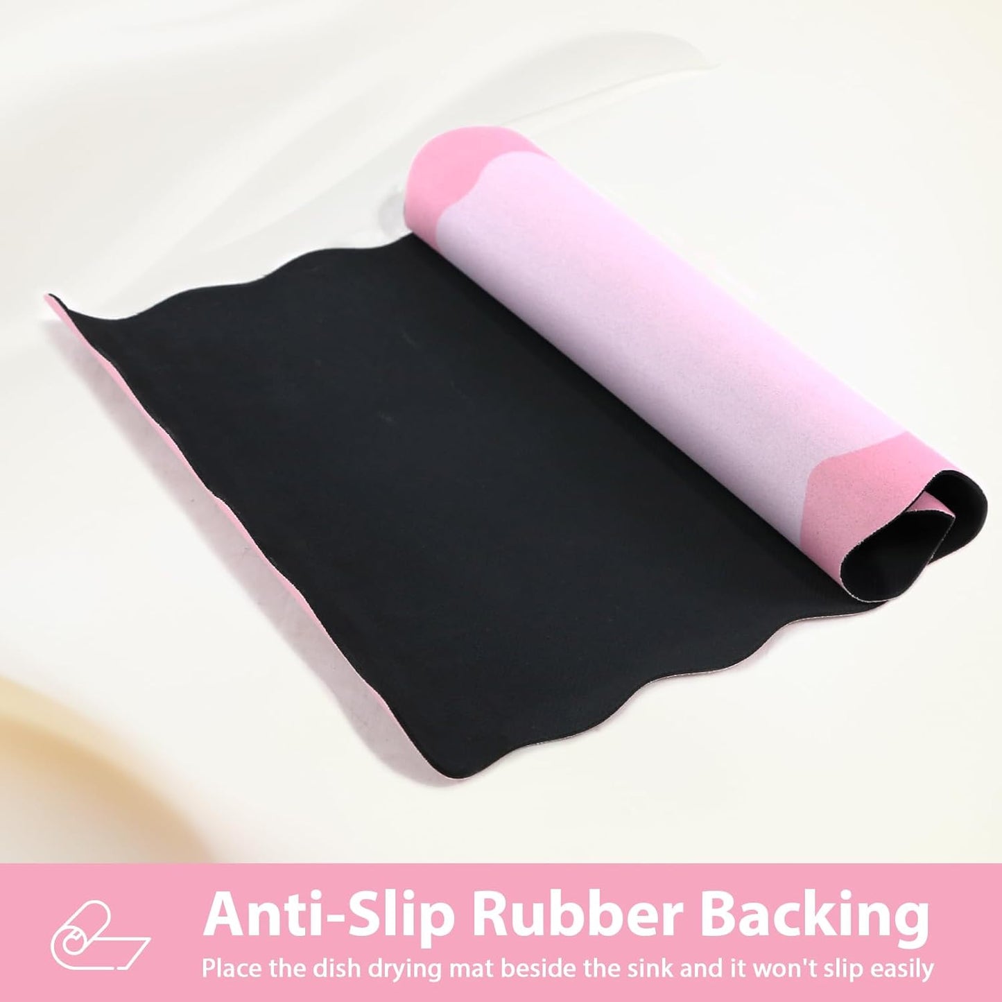 Scalloped Coffee Bar Mat for Countertop, Cute Dish Drying Mats for Kitchen Counter, Diatomite Absorbent Mat for Coffee Station, Kitchen Aesthetic Decor (12"x19", Pink)