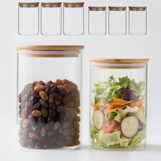 33 oz Glass Food Storage Jars with Airtight Lids, Clear Glass Jar with Bamboo Lid, Airtight Food Canister for Tea, Candy, Coffee, Sugar, Cookie, Snack. (Round | 5+6 Inch) SET of 3