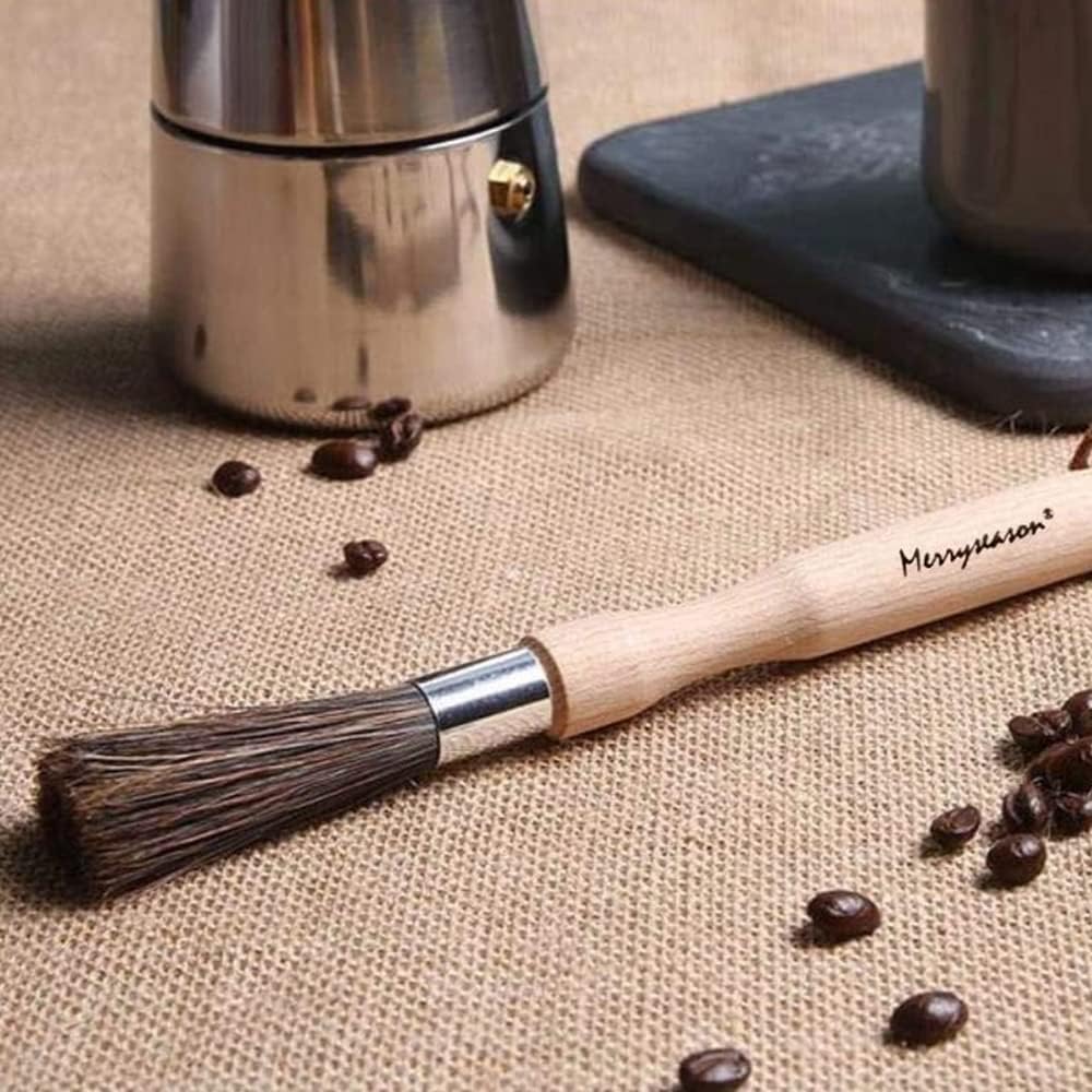 Coffee Grinder Cleaning Brush - Espresso Maker/Machine Cleaner Tool for Home Kitchen Barista - Beechwood Wood Handle, Natural Boar Bristles, Leather Hanging Loop, 8"