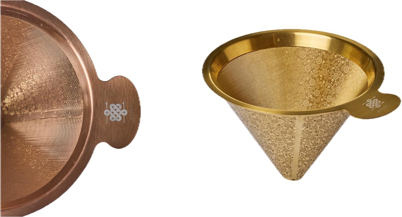 ATHIA Golden Reusable Stainless Steel Pour Over Coffee Dripper, Laser Etched Double Mesh Cone Filter, Paperless, Eco-friendly, Fits Hario, Chemex, carafes & most coffee makers (Golden, Cone Shape)